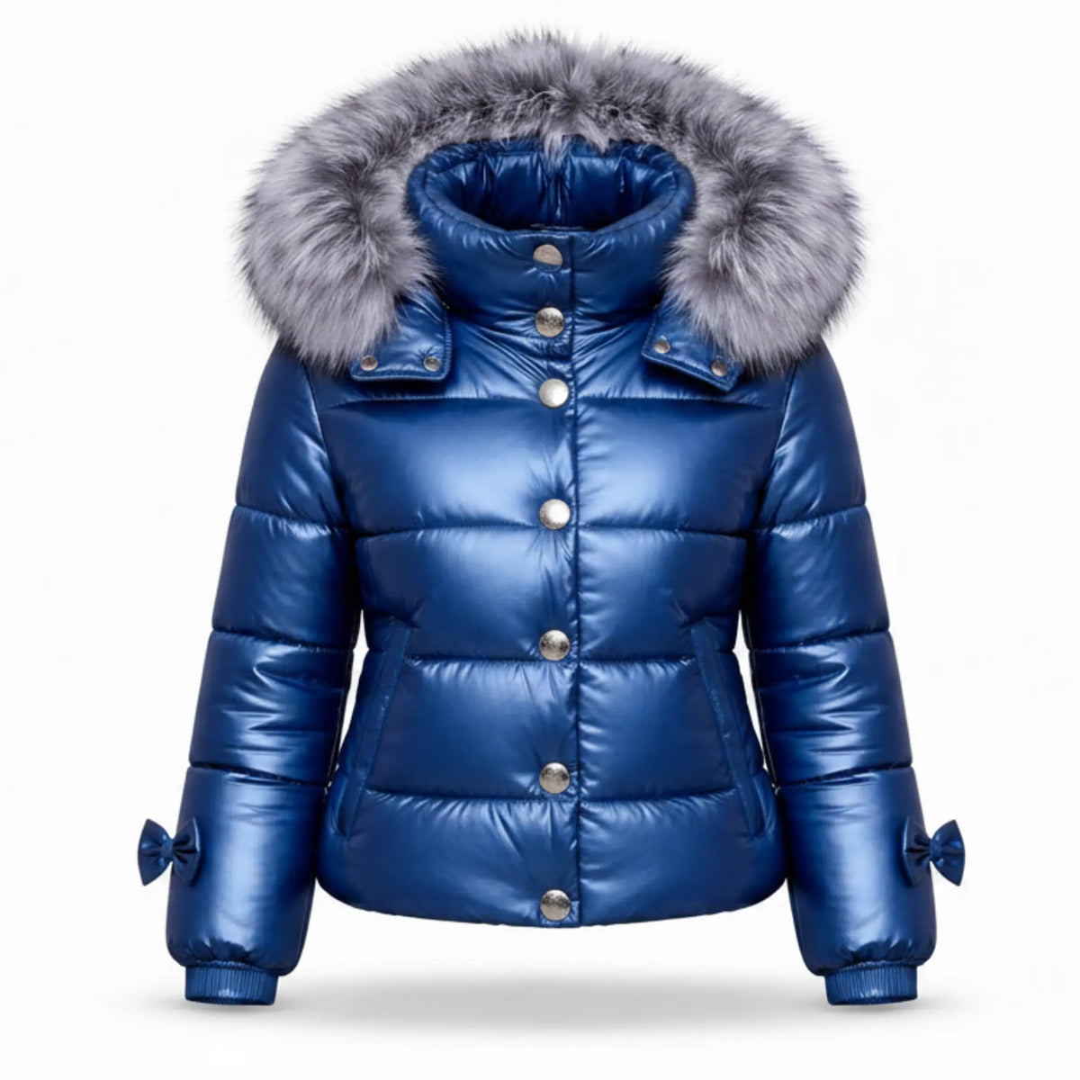 Women's blue leather puffer jacket with fox fur hood – RXD Leather