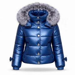 Women's blue leather puffer jacket with fox fur hood – RXD Leather
