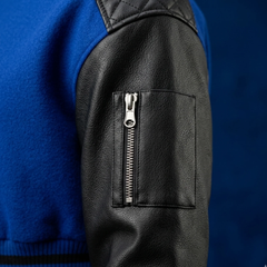 Women's blue varsity jacket with leather sleeves detail – RXD Leather