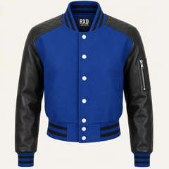 Women's blue varsity jacket with leather sleeves – RXD Leather