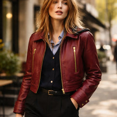 Women's bordeaux leather jacket with snap buttons – RXD Leather
