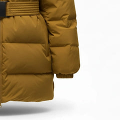 Women's brown down fill hooded puffer jacket detail – RXD Leather