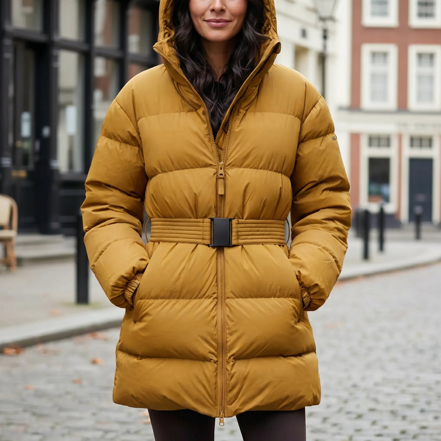 Women's brown puffer jacket with cinch waist – RXD Leather