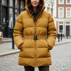 Women's brown puffer jacket with cinch waist – RXD Leather