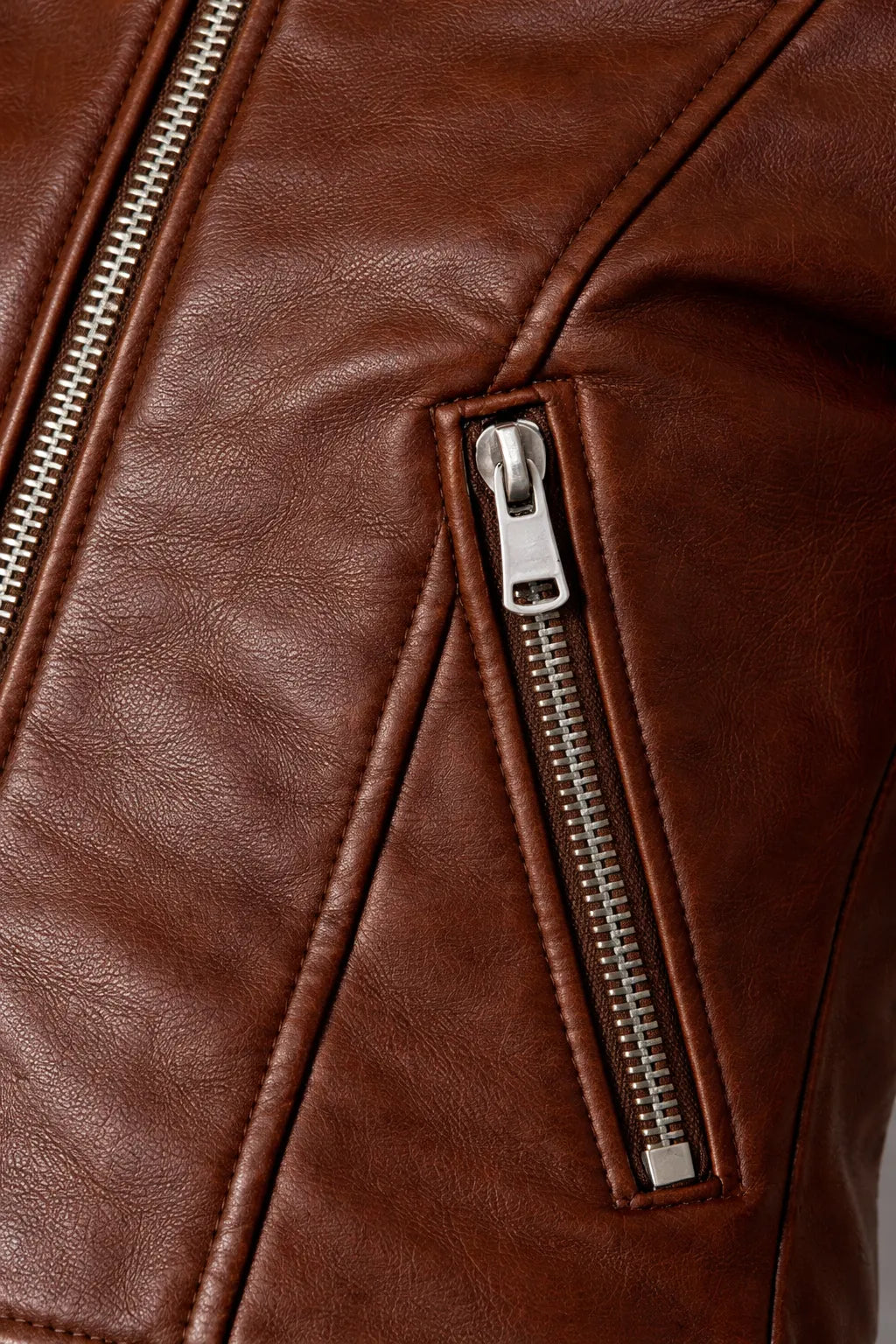 Women's brown faux leather zip jacket detail – RXD Leather