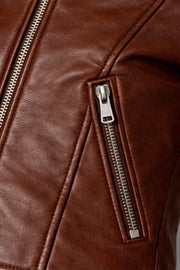 Women's brown faux leather zip jacket detail – RXD Leather