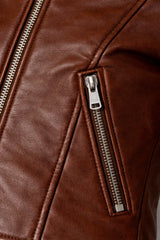 Women's brown faux leather zip jacket detail – RXD Leather