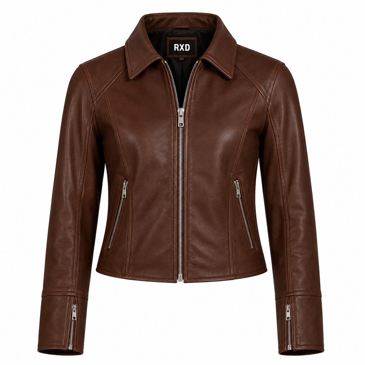 Women's brown faux leather zip biker jacket – RXD Leather