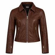 Women's brown faux leather zip biker jacket – RXD Leather