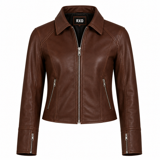 Women's brown faux leather zip biker jacket – RXD Leather 1254