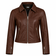 Women's brown faux leather zip biker jacket – RXD Leather