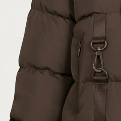 Women's brown hooded puffer jacket back – RXD Leather