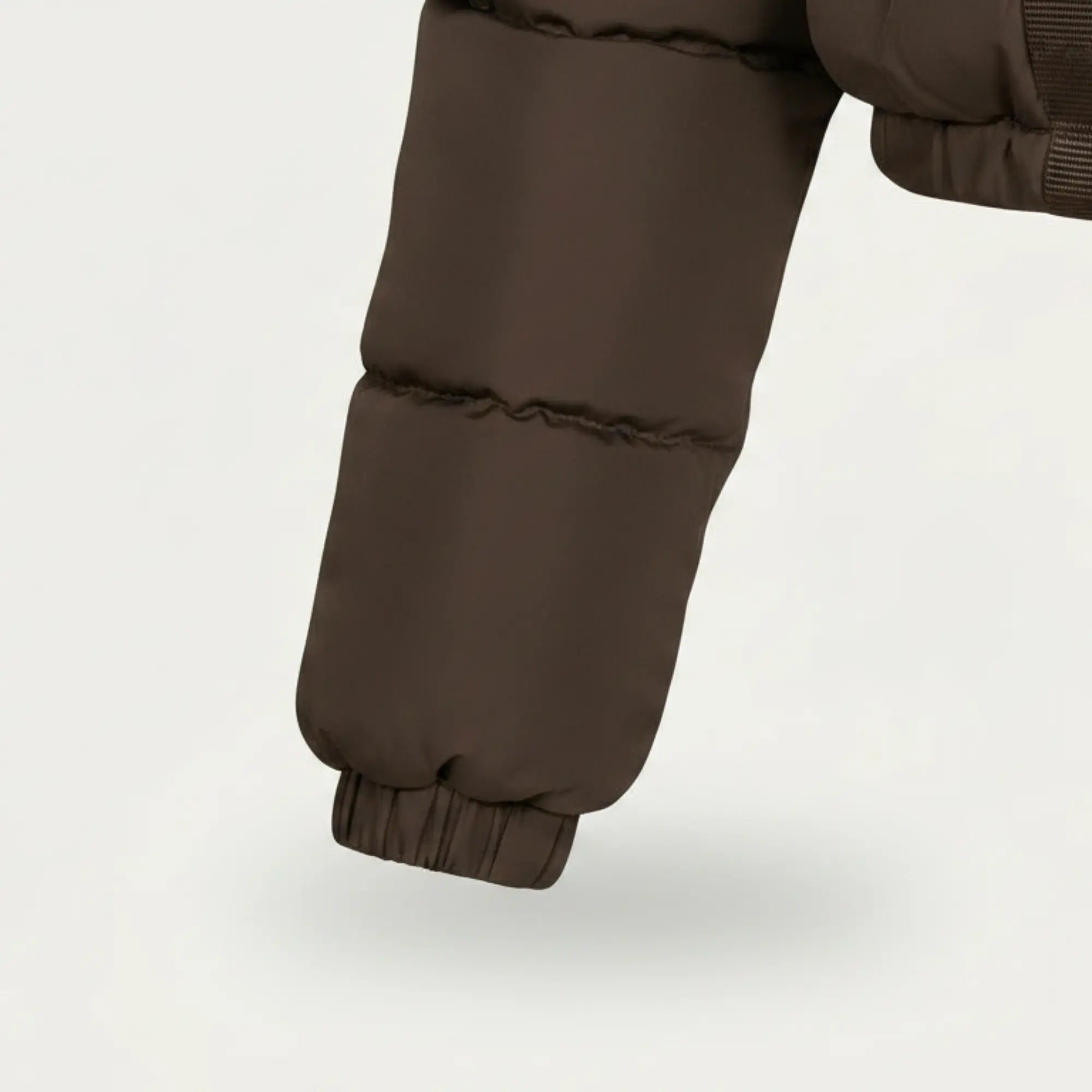 Women's brown hooded cropped puffer jacket detail – RXD Leather