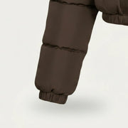 Women's brown hooded cropped puffer jacket detail – RXD Leather