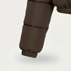 Women's brown hooded cropped puffer jacket detail – RXD Leather