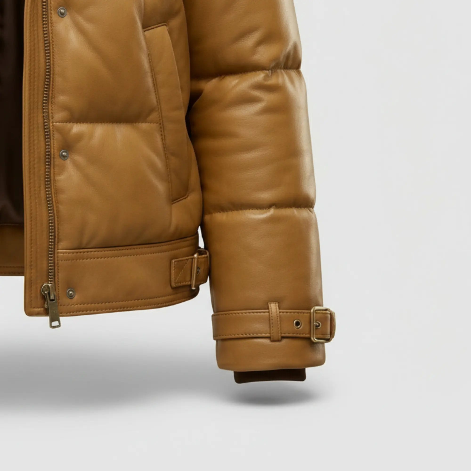 Women's brown lambskin leather puffer jacket detail – RXD Leather