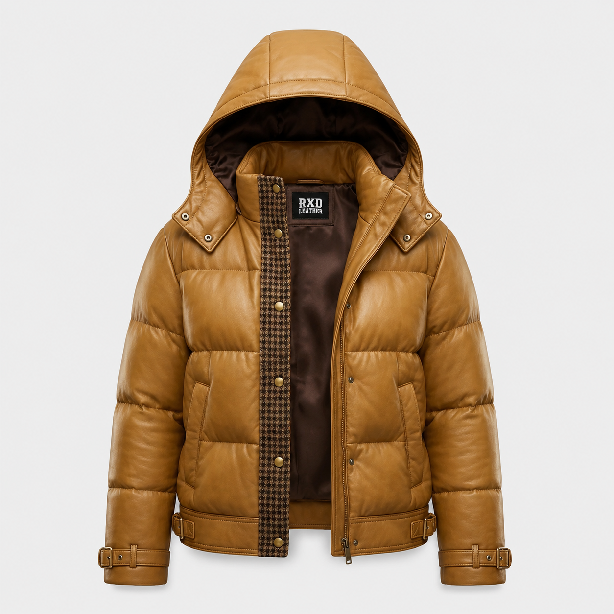 Women's brown lambskin leather hooded puffer jacket – RXD Leather