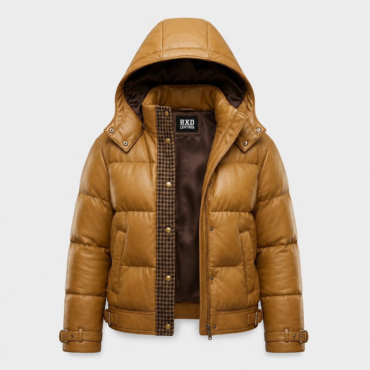 Women's brown lambskin leather hooded puffer jacket – RXD Leather
