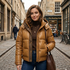 Women's brown leather puffer with removable hood – RXD Leather
