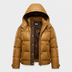 Women's brown lambskin leather hooded puffer jacket – RXD Leather