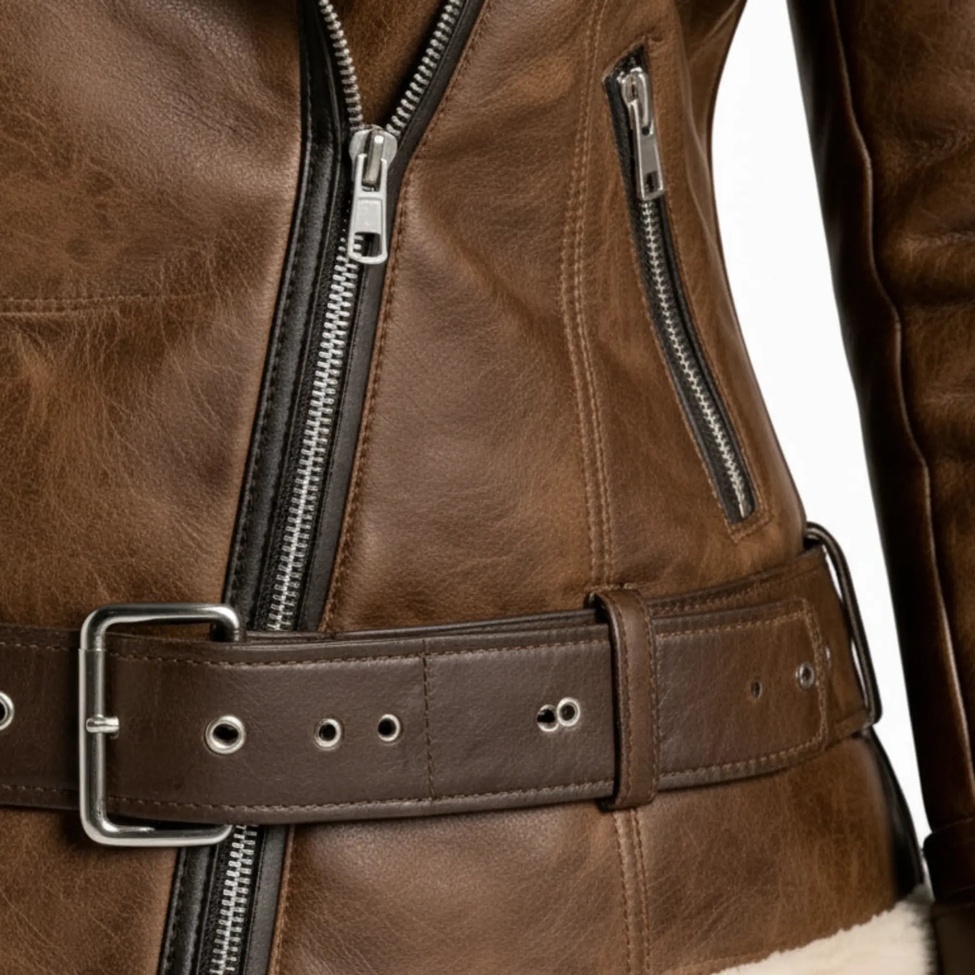 Women's brown shearling jacket styled – RXD Leather