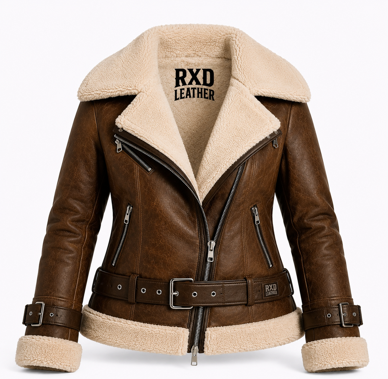 Women's brown shearling leather aviator jacket – RXD Leather