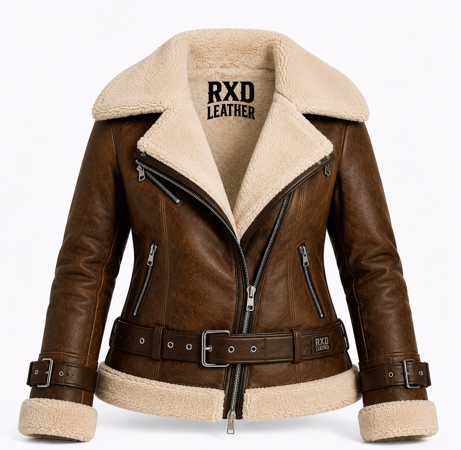Women's brown shearling leather aviator jacket – RXD Leather