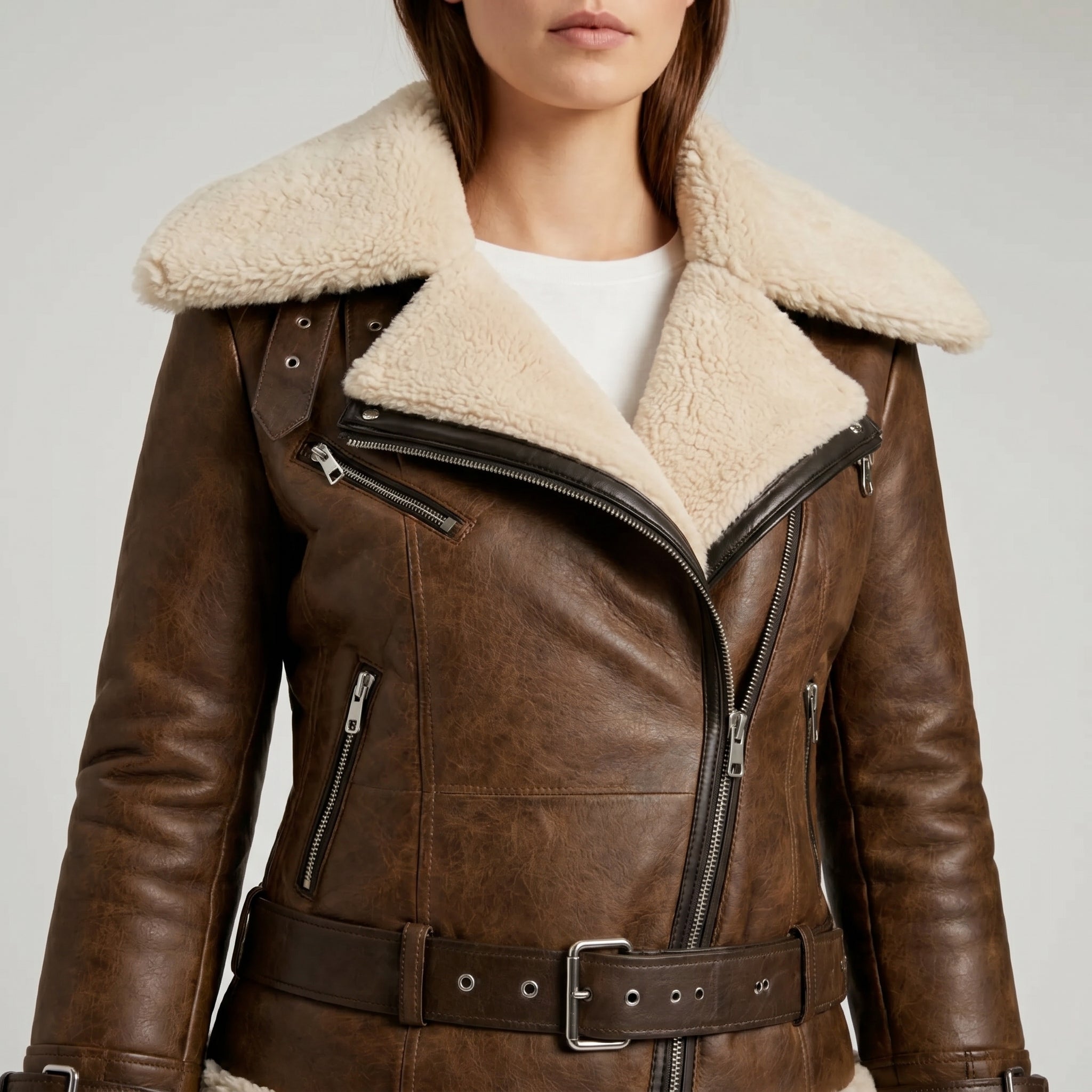 Women's brown aviator jacket with faux fur collar – RXD Leather