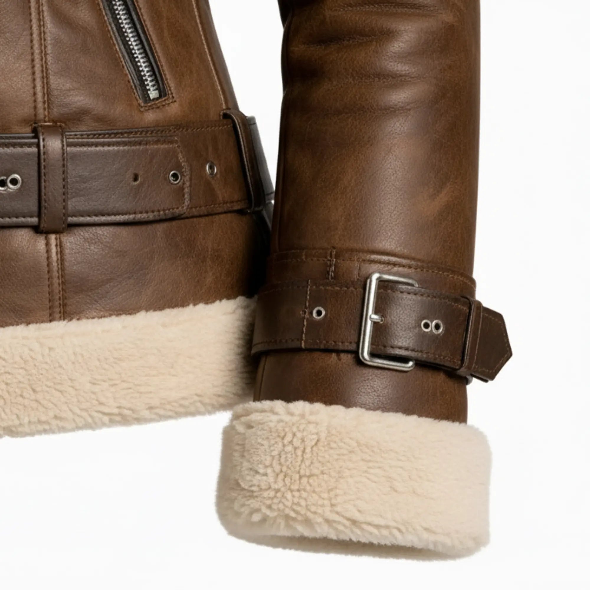 Women's brown shearling aviator jacket detail – RXD Leather