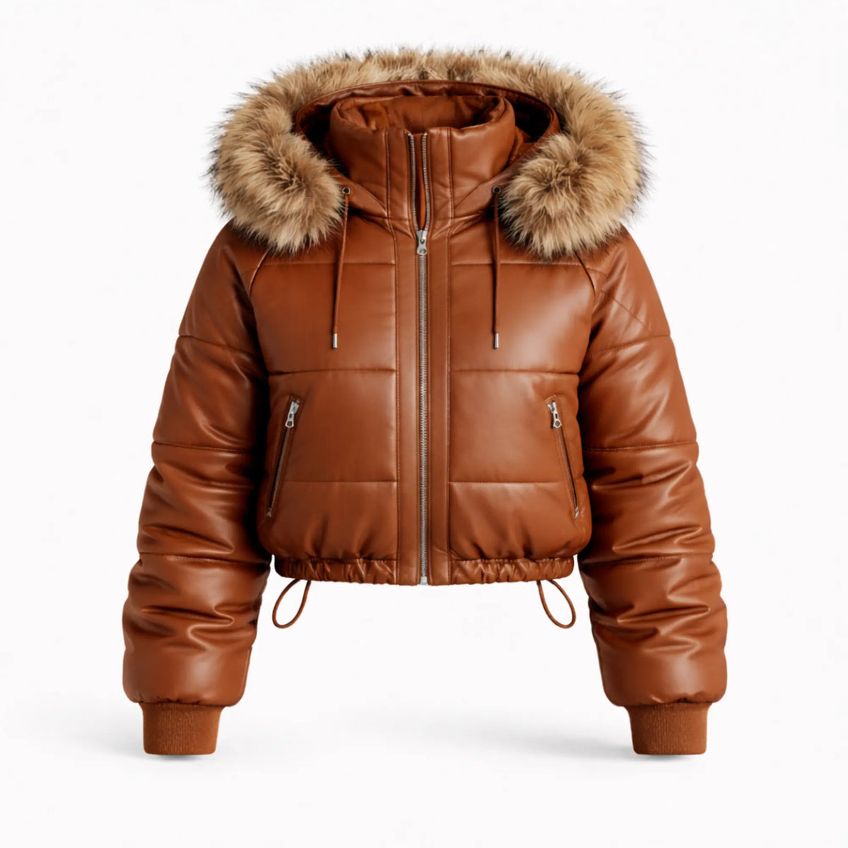 Women's brown sheepskin leather puffer bomber with fur hood – RXD Leather