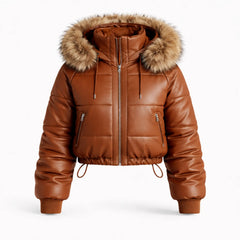 Women's brown sheepskin leather puffer bomber with fur hood – RXD Leather