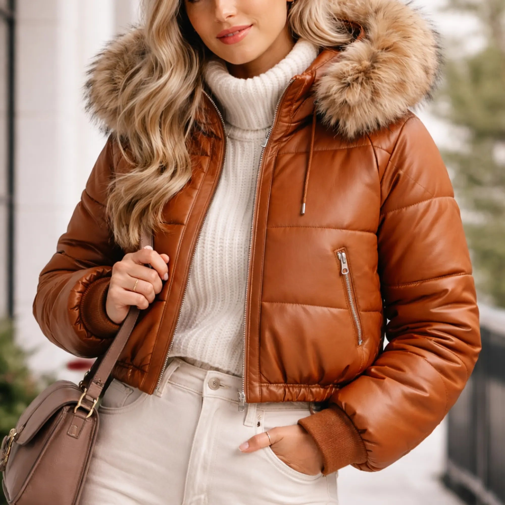 Women's brown leather puffer bomber with fur hood – RXD Leather