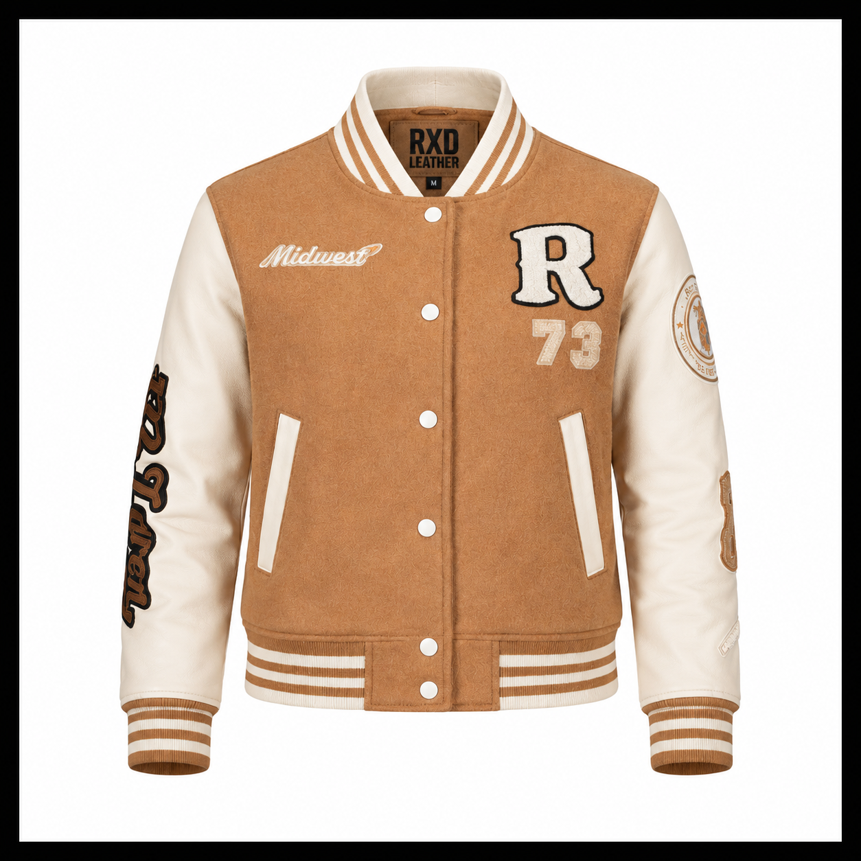 Women's camel wool blend varsity jacket with leather sleeves – RXD Leather