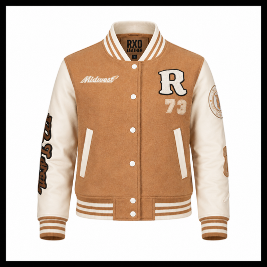 Women's camel wool blend varsity jacket with leather sleeves – RXD Leather 1254