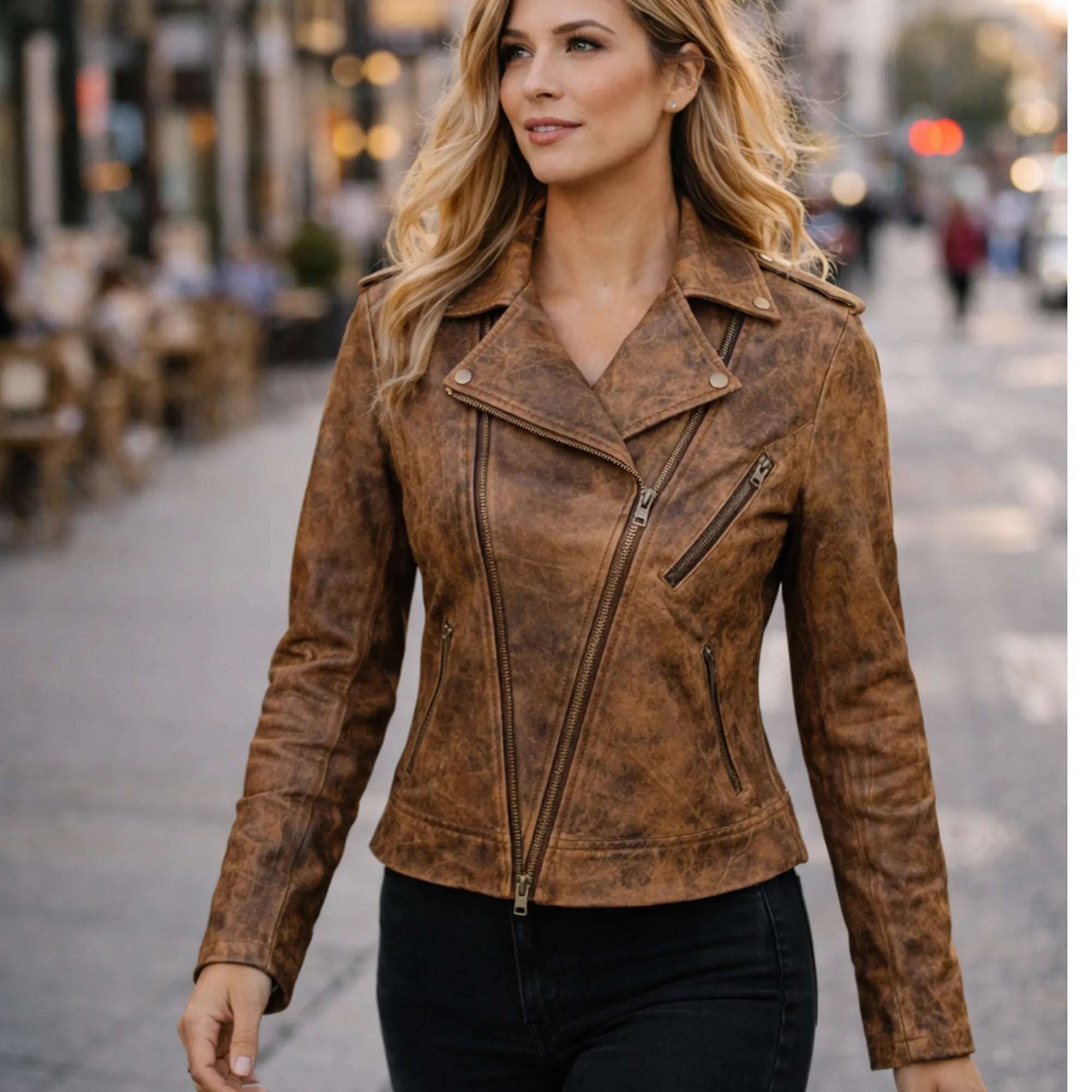 Women's brown leather moto jacket with belt – RXD Leather