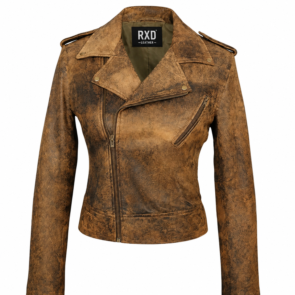 Women's distressed brown leather belted moto jacket – RXD Leather