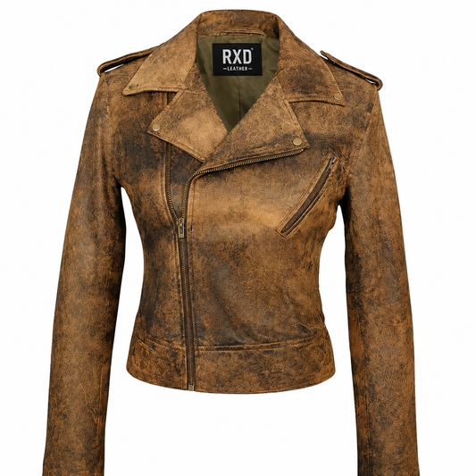Women's distressed brown leather belted moto jacket – RXD Leather 1254