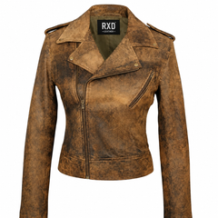Women's distressed brown leather belted moto jacket – RXD Leather