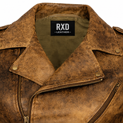 Women's distressed brown belted moto jacket detail – RXD Leather