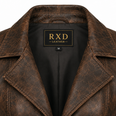 Women's distressed brown fitted leather blazer detail – RXD Leather