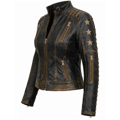 Women's distressed leather star moto jacket detail – RXD Leather