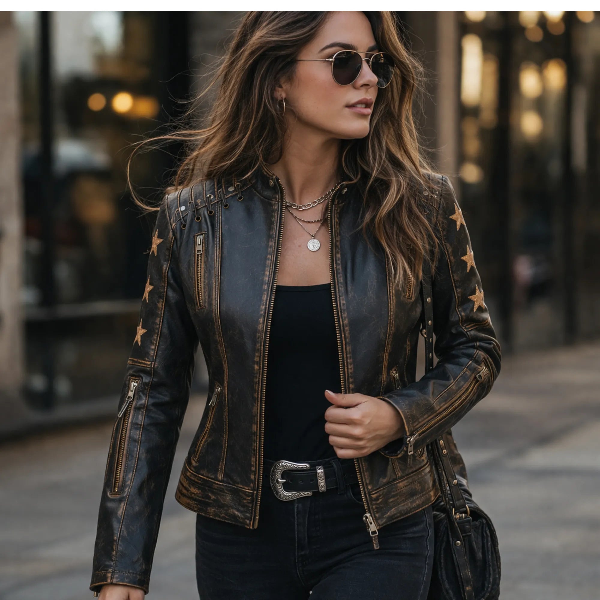 Women's black leather jacket with star detailing – RXD Leather