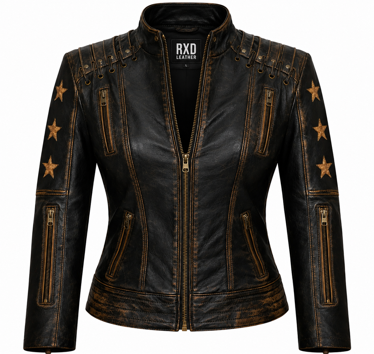 Women's distressed leather star moto jacket – RXD Leather