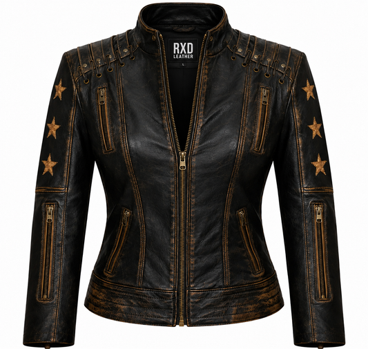 Women's distressed leather star moto jacket – RXD Leather 1289