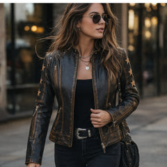 Women's black leather jacket with star detailing – RXD Leather