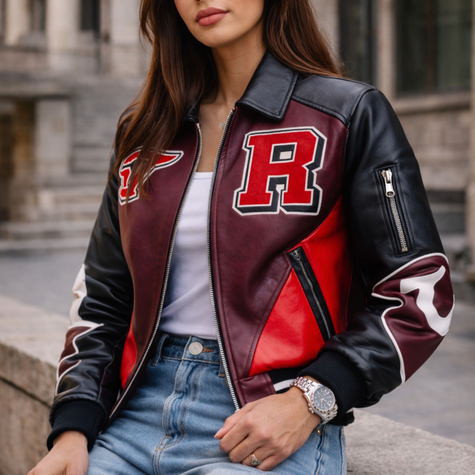 Women's color block varsity jacket with logo patches – RXD Leather
