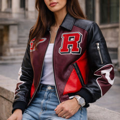 Women's color block varsity jacket with logo patches – RXD Leather