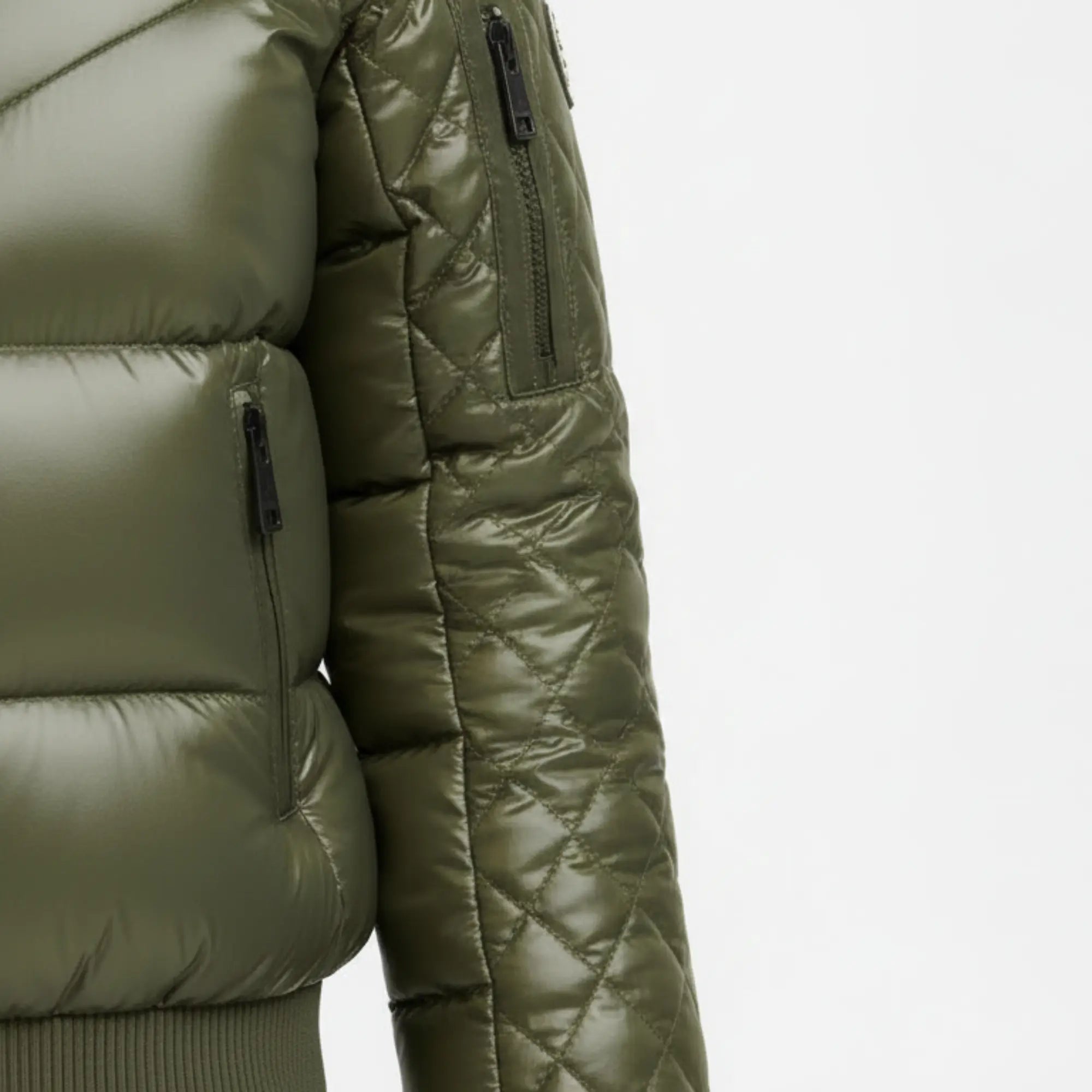 Women's olive green puffer ski jacket detail – RXD Leather