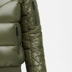 Women's olive green puffer ski jacket detail – RXD Leather