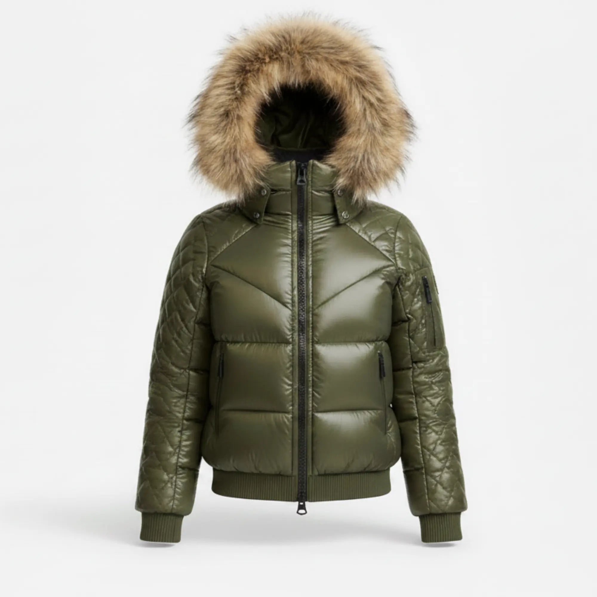 Women's olive green puffer ski jacket with fur hood – RXD Leather